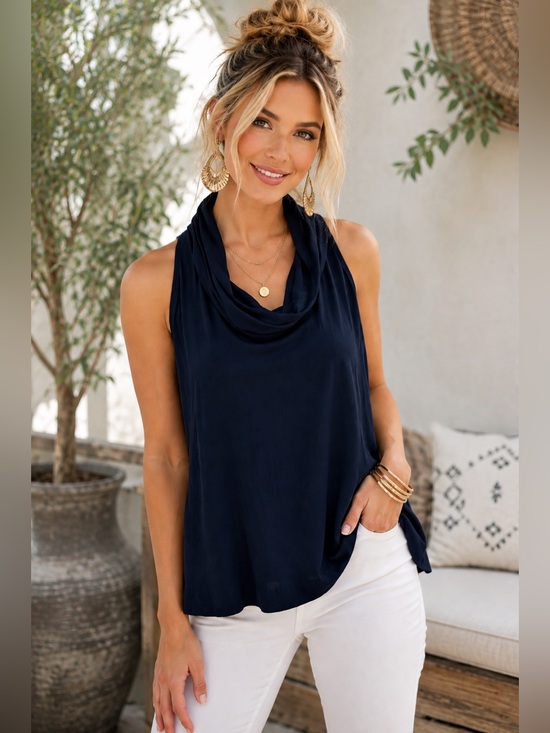 Free People Tops - Free People Navy Blue Cowl Neck Sleeveless Tunic Top Medium Boho Soft Drape